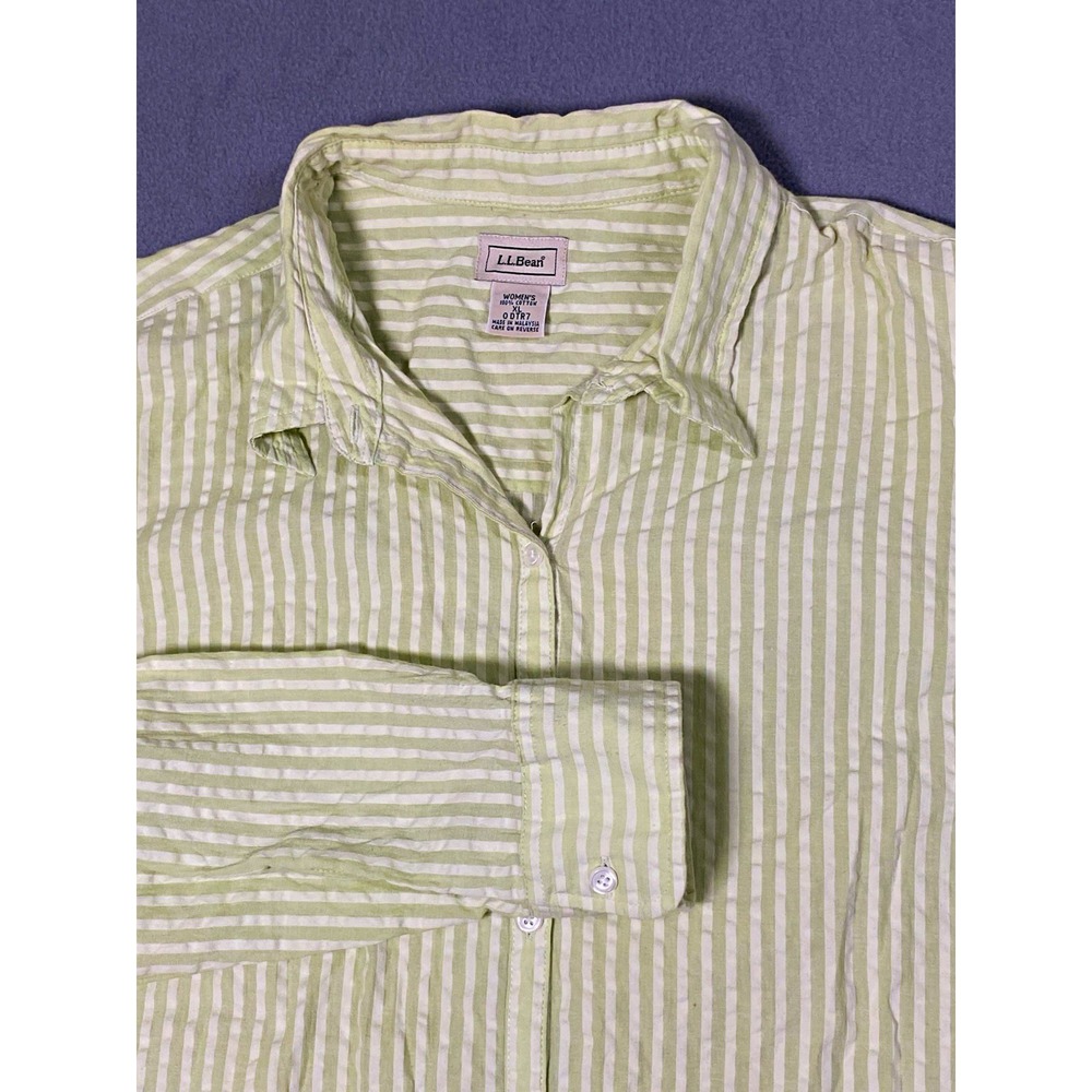 L.L.Bean Women's XL Regular Green Seersucker Striped Long Sleeve Button Up Shirt